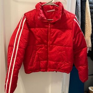 Red Puffer Jacket with Stripes